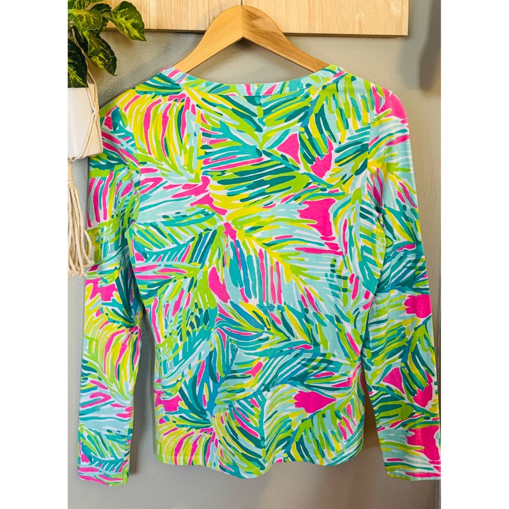 Lilly Pulitzer Etta Long Sleeve V Neck Top Pink Green Palm Leaf Print Small - Picture 3 of 7